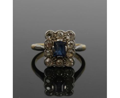 Antique sapphire and diamond cluster ring, the rectangular cluster with a central step cut blue sapphire surrounded by ten ol