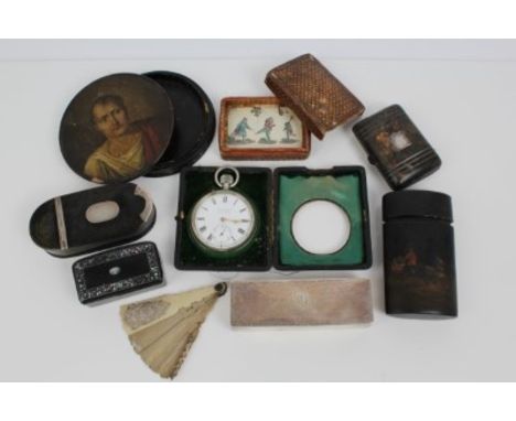 Interesting group of boxes including a circular papier mâché box painted with portrait of Napoleon, a white metal mounted snu