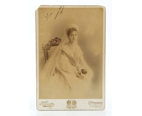 HIM Tsarina Alexandra of Russia - fine signed Coronation Day portrait photograph of The Tsarina seated on a throne, wearing a