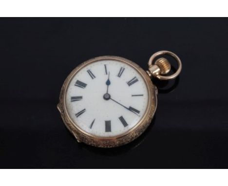 Late Victorian gold (14K)ladies' keyless fob watch with finely enamelled floral case, in box