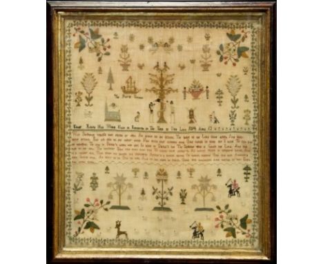 Fine George III needlework sampler depicting a central Adam and Eve surrounded by animals and flora, a ship 'The Royal George