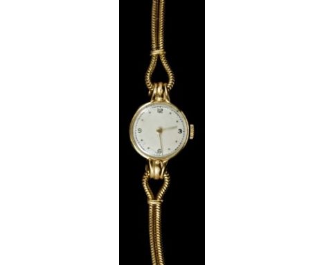 1930s ladies' gold (18ct) wristwatch with circular white enamel dial and snake link bracelet
