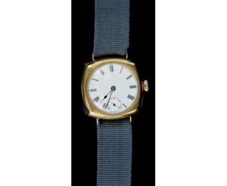 1930s gentlemen's gold (18ct) wristwatch in cushion-shaped case with white enamel dial with Roman numerals and subsidiary sec