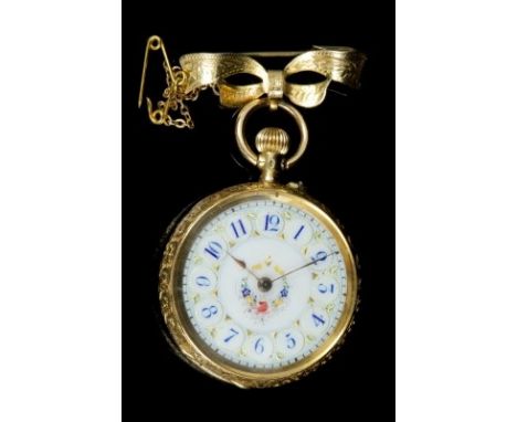 Late Victorian ladies' gold (18K) keyless fob watch with floral painted dial, floral engraved case with gold bow brooch suspe