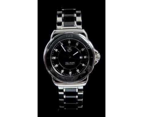 Contemporary ladies' Tag Heuer Formula 1 wristwatch, Model WAH1314 in steel and black ceramic case and bracelet with twelve d
