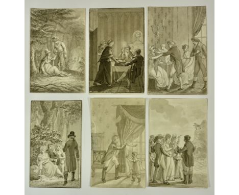 VINKELES, Reinier (1741-1816). Collection of 6 domestic, a.o. scenes. N.d. (c. 1800). Washed ink pen drawings in grey and sep
