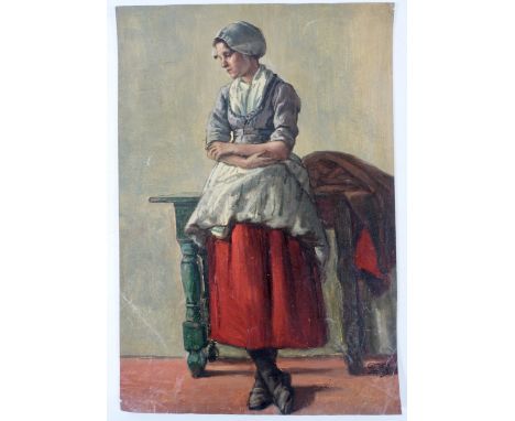 PORTRAITS -- BECKER, Fridolin (1830-1895). (Portrait of a young woman standing, arms folded, in traditional attire). N.d. Oil