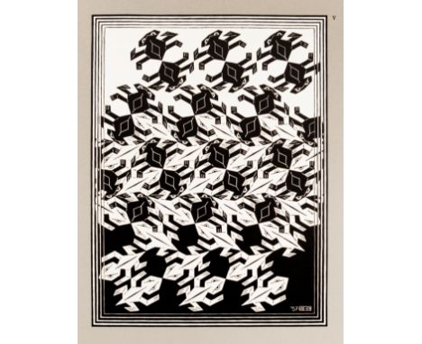 ESCHER, M.C. Regelmatige vlakverdeling. Utr., De Roos, 1958. 45 pp., (3) lvs. W. 6 or. woodcuts in black &amp; white, 4 ill.,