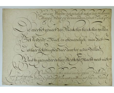 CALLIGRAPHY -- COPPENOL, Lieven Willemsz v. "Daer is een Wetgever, die kan zaligh maken ende verdoemen. Maer gij, wie sijt gi