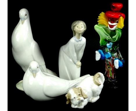 A Murano glass model of a clown, a Lladro porcelain girl, Nao dog and two Nao birds  (5).