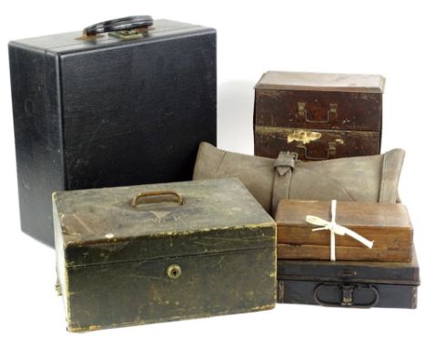 A collection of items, to include a leather tool roll, small tin chest, typewriter, jewellery box, etc.