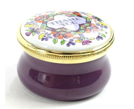 A 20thC Staffordshire enamel box, 3cm Dia, contained in an Asprey and Garrard box.