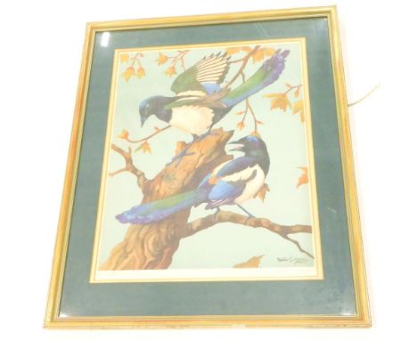 Ralston Gudgeon.  Magpies on a branch, artist signed limited edition print, 52cm x 42cm.