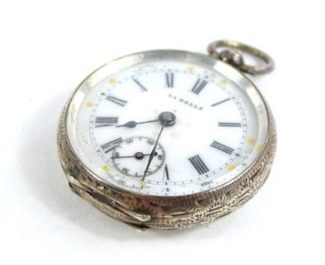 A silver La Belle fob watch, with circular white enamel dial, with silver and gold coloured motifs, and blue hands, with seco