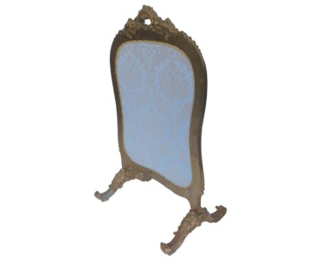 A late 19th/early 20thC French gilt gesso firescreen, with later pale blue and gold damask panel, the frame embellished with 