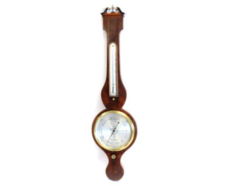 D.Gugeri, Boston, A mid 19thC mahogany and boxwood and ebony strung, wheel barometer, with silvered dial thermometer etc., 99