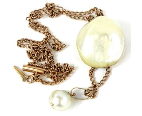 A Victorian style natural pearl necklace, with natural pearl pendant approx 2.2cm x 2.5cm, with a pearl drop, 1cm, on a yello