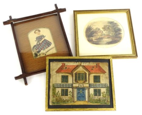 19thC School. Girl wearing a checked dress, watercolour, 14cm x 10cm, a coloured print titled Aubrey H BB's House and a water