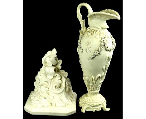 A Victorian parian ware ewer, with a swan shaped spout, decorated with swaggers of flowers, etc, (AF) 14cm H, and a parian wa