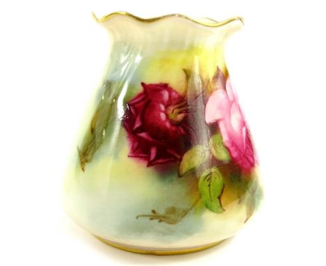 A Royal Worcester porcelain vase, painted with roses, on a blush ivory ground, unsigned, printed mark in green to underside, 