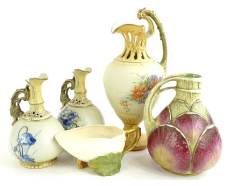 A collection of late 19thC Continental ceramics, to include a Worcester style bowl decorated with gilt leaves, etc., a ewer d