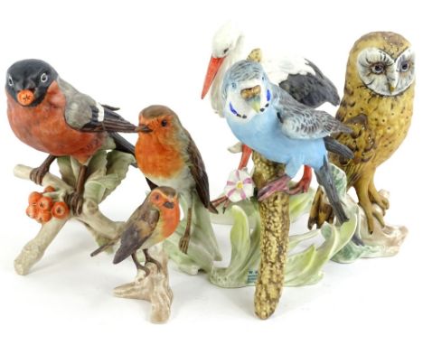 A collection of Goebel birds, Owl, blue Budgerigar, Robins etc. (6).