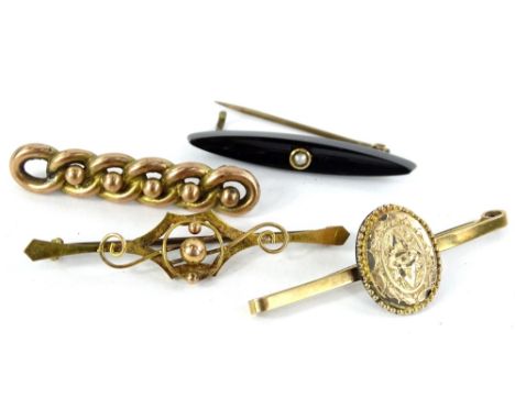 Four bar brooches, to include a chain effect brooch, lacking back, yellow metal, unmarked, a jet and seed pearl bar brooch wi