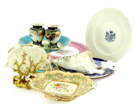 A collection of ceramics, to include Royal Worcester stand, pair of Worcester vases decorated with leaves and fruit, a shell 