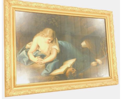 A Victorian chromolithograph print, depicting a lady reading a book beside a skull, within a scene of a cave or rocks, in gil