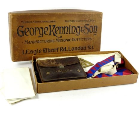 A George Kenny and Son tailors box, containing a quantity of masonic regalia, sash, satchel, 18cm W, apron, related ephemera,