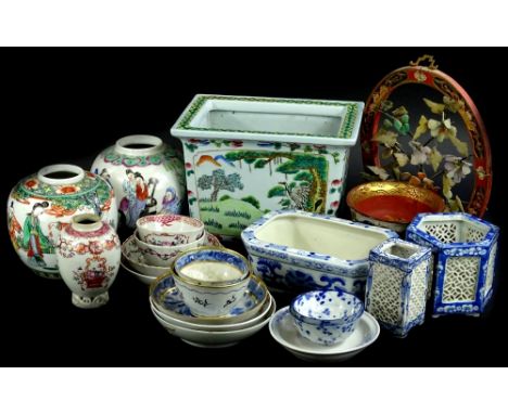 Miscellaneous 19thC and later Oriental items, to include a famille verte rectangular shaped jardinere, a famille rose small v