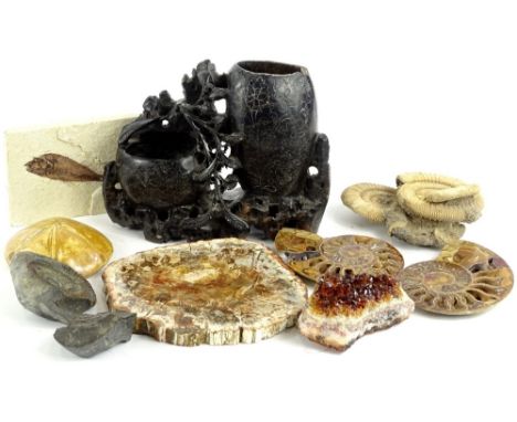 Various fossils, crustaceans, shell fossil 8cm W, other shells etc., fish on limestone style base etc. (a quantity)