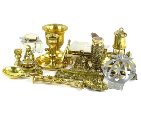 Various brassware early 20thC and later, miniature miners lamp 12cm H, chamber stick, AA badge, ship ornament, cigarette box 