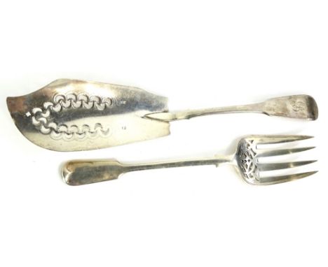 A William IV silver fish slice, with pierced blade and a Victorian silver fish fork with pierced blade, each blade with a fid