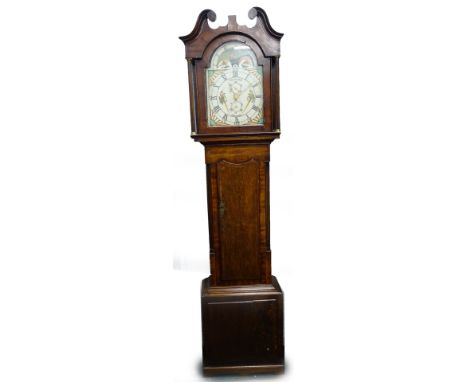 Pattison, Halifax, a mid 19thC oak and mahogany cross banded longcase clock, the arched dial later painted with moonface and 