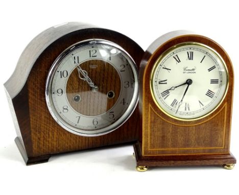 A Comitti of London mahogany and boxwood strung mantel timepiece, with Roman numerals, 20cm H, and a Smiths of Enfield oak ma