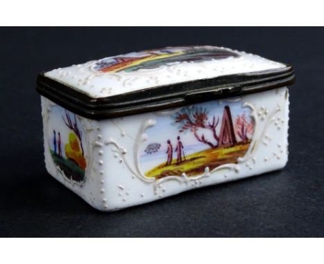 An 18thC enamel style pill box, of rectangular form with rounded ended, decorated with panels of figures in a naturalistic se
