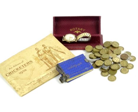 Jewellery, coins, etc., cigarette cards, album of cricketers 1938, cased Rotary wristwatch, GB low denomination coinage, (a q