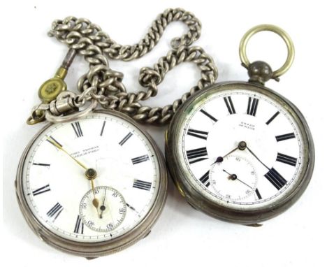 A late 19th/early 20thC silver cased pocket watch, the enamel dial stamped John Thomas of Carmarthen and a silver plated pock