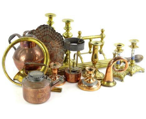 A collection of metalware, to include a garden sprayer with ribbed decoration, a brass horn, possibly motoring related, Arts 