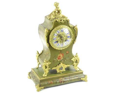 A 20thC French green painted mantel clock, with gilt metal mounts, raised enamel Roman numerals, the case painted overall wit