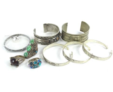 Various silver and silver plated jewellery, mainly of Eastern design, to include a set of three silver plated bangles, a silv