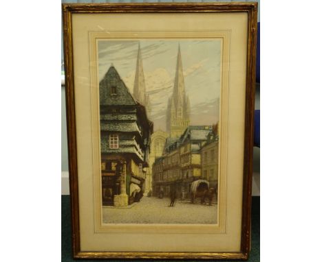 After Gustave Henri Marchetti. Quimper Cathedral, artist signed and coloured engraving, blind stamp, 60cm x 39cm.