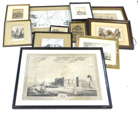 A collection of pictures and prints, each relating to Newark Upon Trent, to include an image of Beaumont Cross, Drybridge New