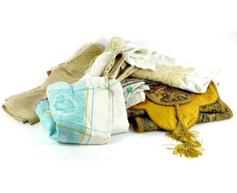 A quantity of linen and lace, some tapestry type panels, etc.
