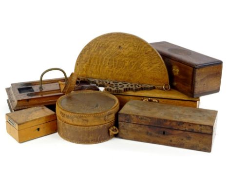 A collection of treen objects, to include a Victorian oak desk stand, an oak wall bracket, yew wood box etc.