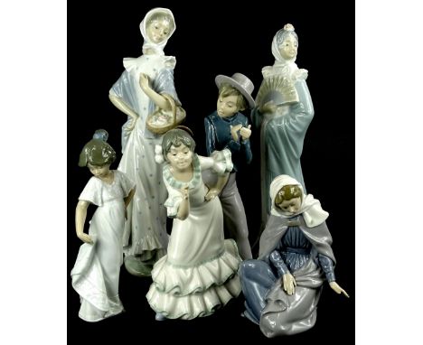 Various Nao porcelain figurines etc., to include a lady with a fan, one with a basket, a gentleman clapping, young girl etc.