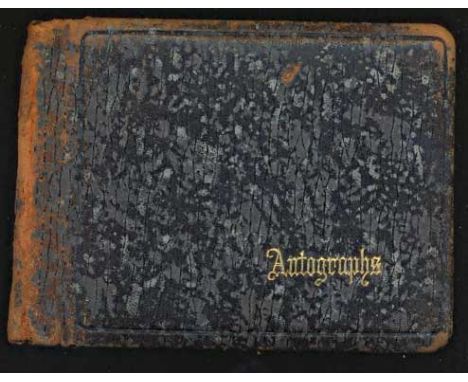  Vintage hardcover autograph album, 6 x 4.75, signed inside in ink and pencil by over 75 classic film and stage stars, many i