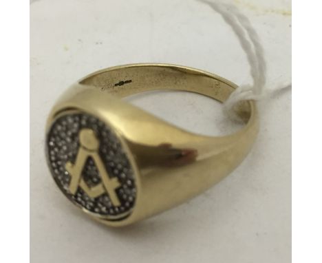 A 9ct Masonic twisting signet ring with diamond set Masonic compass/set square