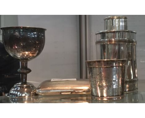 A Sampson Mordan silver cigarette case; together with a plated caddy, miscellaneous trophies etc